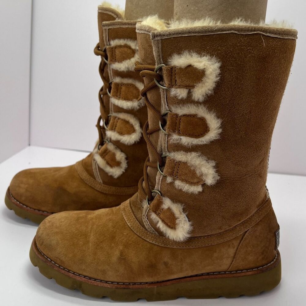 UGG Rommy Shearling Boots Womens 8 Chestnut Suede  Mid-Calf  Lace-Up Nordic 3219